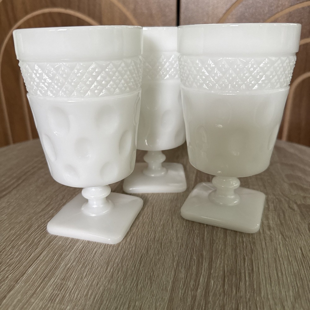 VINTAGE MCKEE MILK GLASS THUMBPRINT PEDESTAL TUMBLERS LOT OF 3
